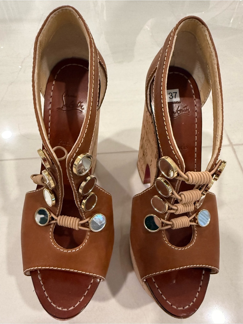 Christian Louboutin Ordonanette 160 Brown/Tan 6” Cork Platform Size 37
